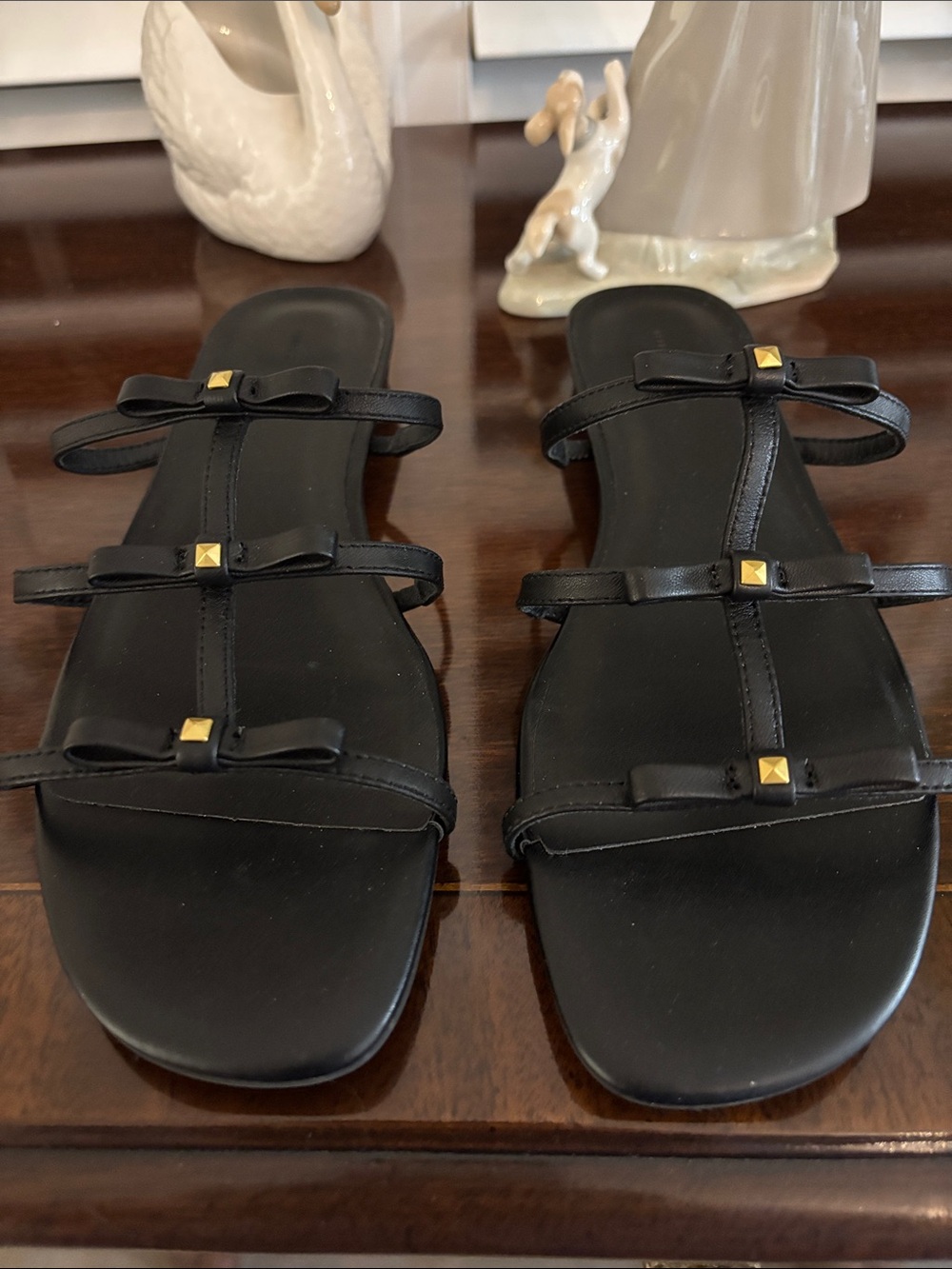 Rebecca Minkoff Black Strappy Slide Sandals with Gold Studs🤩